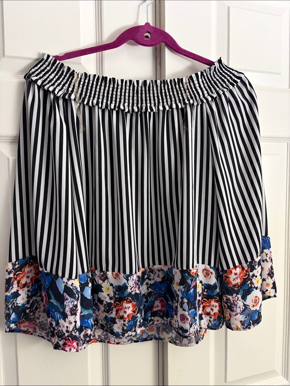 Striped Off-Shoulder Skirt with Floral Hem - Black & White